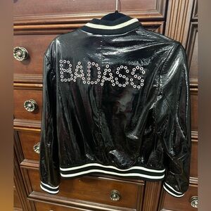 Size Large Demia embroidered bomber jacket in patent leather.
